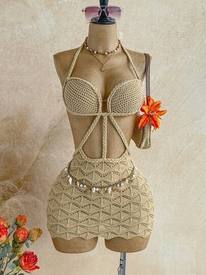 Soleia Women's Sexy Vacation Khaki Openwork Decorative Crochet Knit Mini Dress, Suitable For Beach, Cruise, Road Trip, Holiday, Date, Afternoon Tea, Vacation, Music Festival, Brunch, Bohemian, Beach Resort, Island Resort, Beach, Summer, Music Festival, Commute, Wedding Season, Party, Carnival