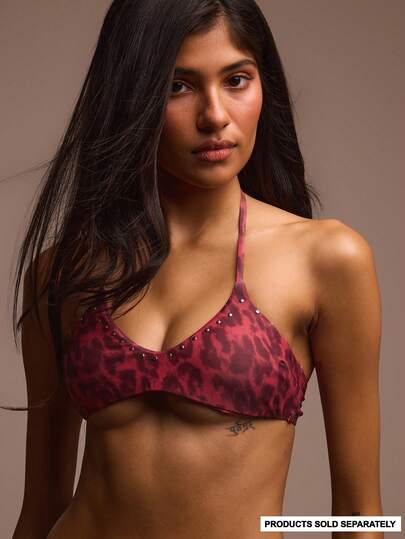Musera Resort Leopard Print Studded Tie Neck Bikini Top Summer Holiday Vacation Sexy Elegant Y2k Beach Beachclub Ibiza Senses