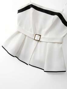 Franclia Plus Size Women's White Contrast Color Top With Metal Buckle Belt,Elegant Summer 2-Piece Shorts Set,Dinner Party Party Commuter Vacation Outfit - White - View 3