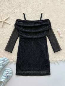 DAZY Young Girl Mesh & Glitter One-Shoulder Wrap Dress, Fall Outfit - Black - View 3