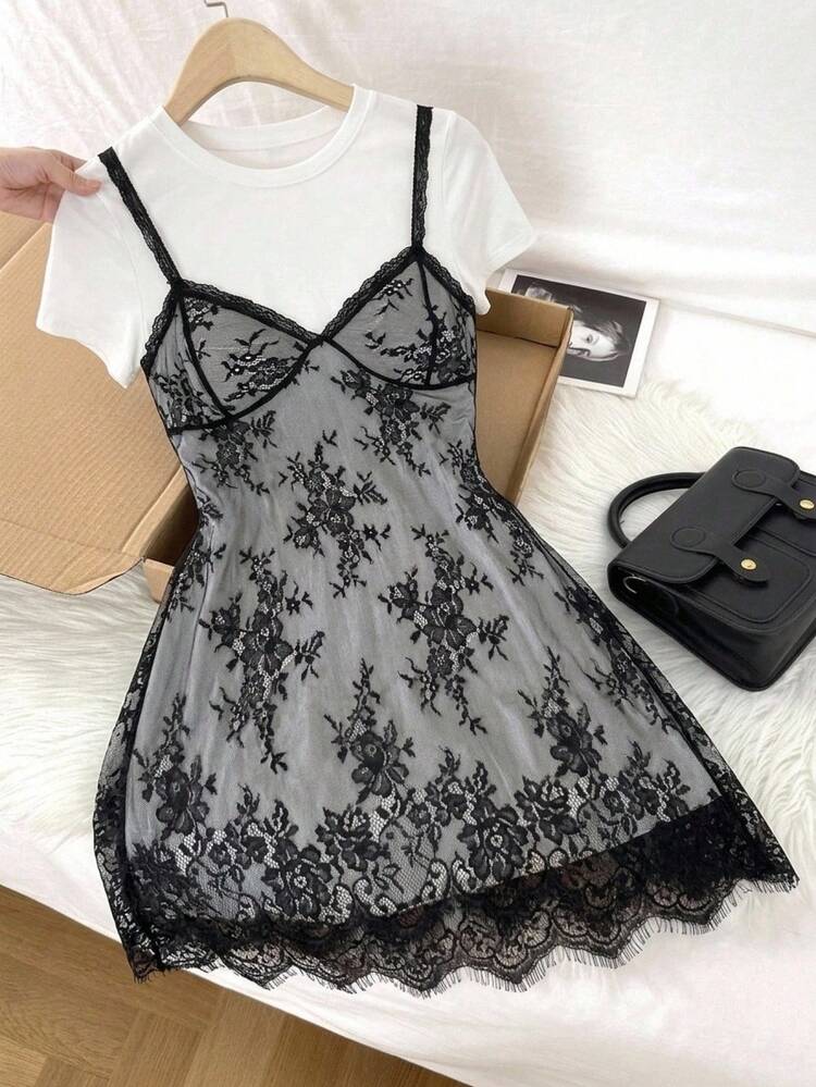 2pcs/Set Women's Casual Black Lace Skirt And White T-Shirt Dress, Spring/Summer