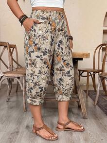 Weeklong Plus SizeCasual Imitation Linen Cropped Pants - Khaki - View 1