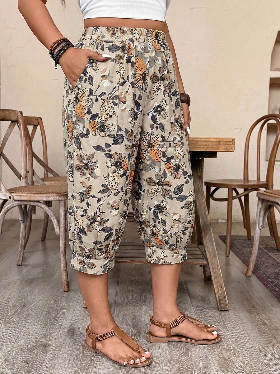 Weeklong Plus SizeCasual Imitation Linen Cropped Pants - Khaki - View 1