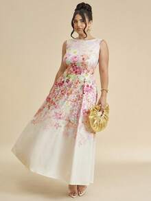 SHEIN BAE 大码圆领无袖印花褶皱连衣裙,优雅夏季 - 彩色 - 查看 8