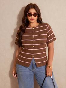 Elaquor Plus Size Colorblock Striped Short Sleeve Knit Top - Brown - View 5