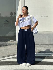 Muchica Navy Blue Plus Size Women's Casual Loose Fit Wide Leg Pants With Pockets - Navy Blue - View 4