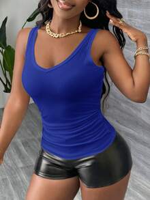 Slaydiva Casual Basic Racerback Sleeveless Deep V-Neck Ribbed Camisole,Summer Top - Royal Blue - View 4