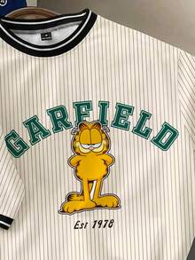 GARFIELD | SHEIN Manfinity Joysei Camiseta de manga corta con cuello redondo, estampado de letras y rayas, y contraste de color para hombres - Albaricoque - Ver 2