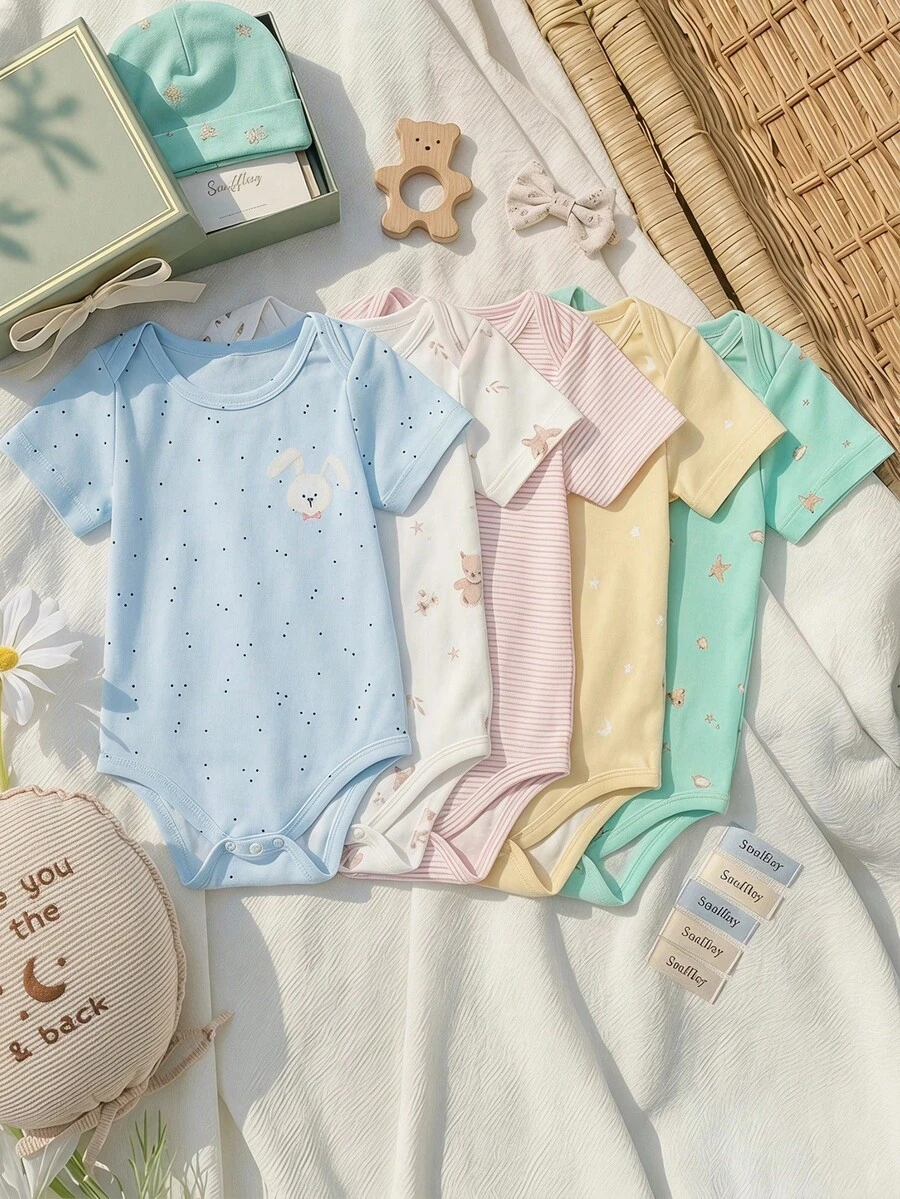 Souflis Souflis Set de 5 piezas de mamelucos ligeros para bebés niñas con diseños de conejitos y osos, versátiles para usar en casa, jugar y talla grande ocasiones - Azul - Ver 1