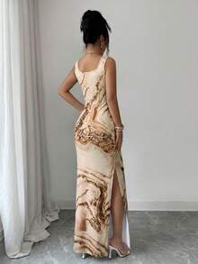 SHEIN Elenzya Exquisite Printed Chinoiserie Waist-Cinching Slit Luxurious Retro Middle Eastern UAE Style Robe, Tight Fit, Multi-Color, Sleeveless - Multicolor - View 2