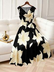 SHEIN Franclia Đầm nữ không tay cổ xếp ly thắt nơ phía trước, đầm đi nghỉ mát nữ, đầm đen nữ - màu đen - Xem 3
