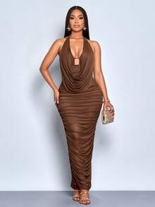 SOLERSUN Women's Halter-Neck Mesh Dress,Shades Of Brown,Summer,Night Out Elegant Fitted Ruched Long Party Dress,Petite Vintage Nightclub Vacation Style - Brown - View 9