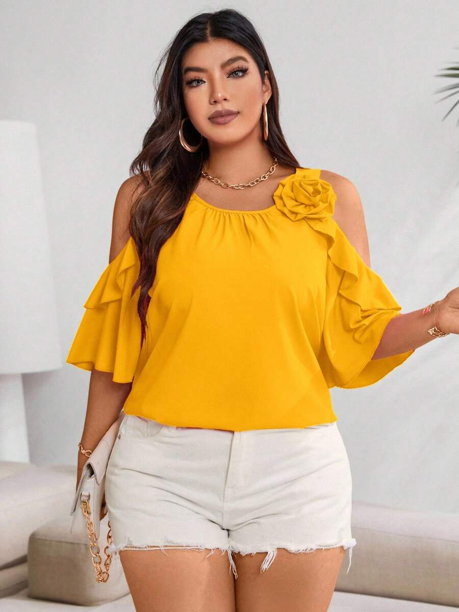 Vionelle Plus Cold Shoulder Ruffle Trim Blouse For Summer For New Year Clothes - Yellow - View 1