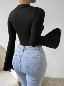 SHEIN 女士纯色休闲百搭褶皱宽松喇叭袖连体衣 - 黑色 - 查看 3