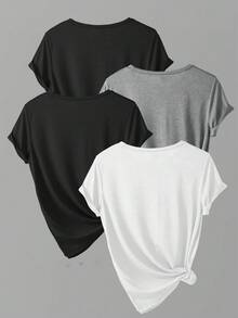 Airaco 4pcs Solid Color Women Short Sleeve T-Shirt Set - Multicolor - View 2