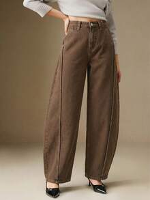 Anewsta Women's Fashion Casual Daily Commute Slant Pocket Cropped Jeans - Brown - View 4