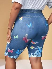 BrightlyHer Plus Size Women's Butterfly & Flower Pattern Printed Short Leggings For Summer - Navy Blue - View 2