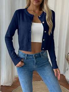 SHEIN LUNE كارديجان طويل الأكمام أنيق ذو لون أحادي مع أزرار أمامية مناسب الحجم خفيف الوزن - أزرق غامق - مشاهدة 5
