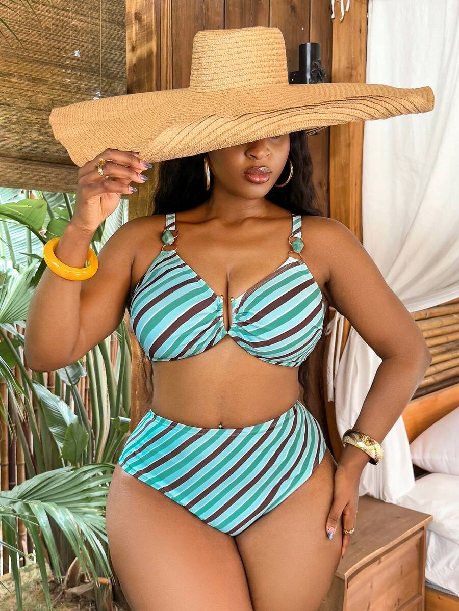 Slaydiva 2026 Summer New Plus Size Women Striped Adjustable Strap High Waist Triangle Bikini 2 Pieces Swimwear Beach Vacation Sexy - Multicolor - View 1