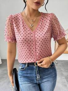 RosyDaze Women's Fashionable French Polka Dot Chiffon Blouse, Intellectual Elegant Short Sleeve Ruffle Design Shirt For Summer - Pink - View 4