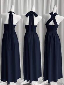 Rafferiza Women Navy Blue Summer Elegant Dining Wedding Guest Graduation Birthday Dresses Boho V-Neck Halter Multi-Layered Ruffled Bow Long Maxi Dress Outfit - Navy Blue - View 2