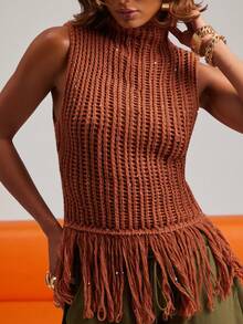NYA SZN Stricktop mit Pailletten, Stehkragen, Fransen, ärmellos, Lagenlook, einzigartig, Brunch, lässig, Alltag, Ausgehen, Party, besondere Anlässe, Reisen, Urlaub, Büro, Western, Country, Date-Night, elegant, luxuriös, Business lässig, Event, Alltag, Hochzeit, Büro, Gyaru, Street Style, Frühling/Sommer, Statement, einzigartige Brautparty-Outfits für Damen - Braun - Übersicht 5