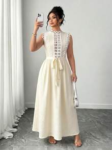 SHEIN Clasi Plus Size Women's New Elegant Casual Minimalist Vacation Lace Trim Hollow Out Textured All White Dress Brunch Party Summer - Apricot - View 3