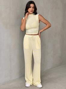 SHEIN Tall 女款春夏黃色紋理條紋布料T恤與長褲兩件套，適合高個女性 - 黃色 - 查看 4
