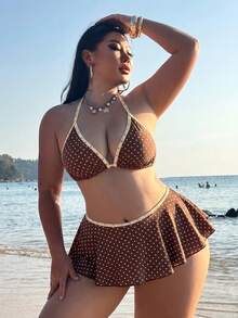 Women's 2-Piece Swimsuit Set: Polka Dot Print Spaghetti Strap Top And Contrasting Ruffle Bikini Bottom - Brown - View 3