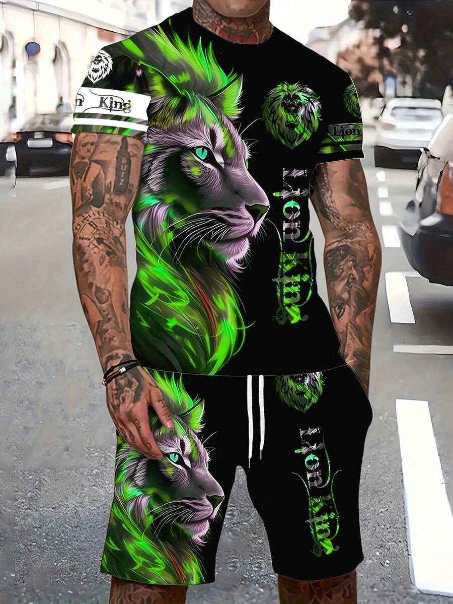 Fenqiro Ensemble t-shirt à col rond à manches courtes et short à taille élastique avec poches pour hommes, style vintage lion gothique - Multicolore - Voir 1
