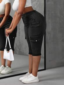 SHEIN SXY Plus Size Women's Fashionable Everyday Commute Versatile Elastic 3/4 Length Cargo Jeans - Dark Grey - View 5