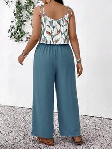 SHEIN Frenchy Plus Size Summer Casual Green Leaf Print Jumpsuit - Multicolor - View 2