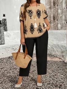 SHEIN LUNE Conjunto de 2 piezas de camisa y pantalones casuales de talla grande - Multicolor - Ver 7
