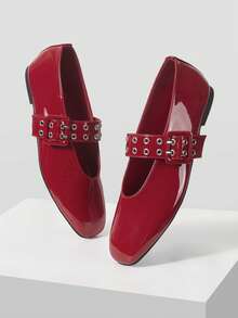 MOTF PREMIUM WOMEN SHOES NEW FRENCH RETRO FASHION RED PU LEATHER DOUBLE-BREASTED RIVET BUCKLE SQUARE TOE FLAT-SOLED SHOES, COMFORTABLE AND VERSATILE, LIGHT AND NOT TIRED FEET, SIMPLE ATMOSPHERE, CASUAL AND HIGH-END FOREIGN MARY JANE SHOES - Bordeaux - View 9