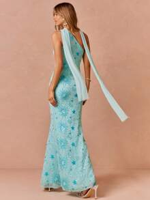 Enchnt Sky Blue Summer Elegant Women's Party Dress,Patchwork Sequin & Pearl Decor Asymmetrical Neck Cinched Waist Fishtail Hem Luxury Evening Prom Dress - Blue - View 6