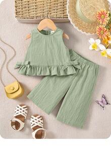 Babygirl Summer Cute Solid Color Ruffle Trim Camisole And Pants Set - Mint Green - View 2