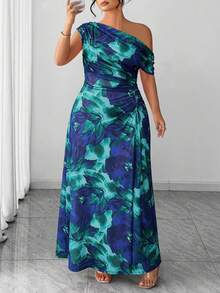 Elenzga Plus Size Women's Vibrant Multi-Color Floral Print Elegant Off-Shoulder Maxi Dress - Green - View 8