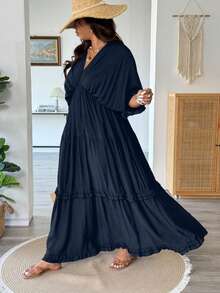 Vionelle Plus Size Solid Color Romantic Ruffle Trim Regular Dress, Spring/Summer Vacation Navy Blue - Navy Blue - View 6