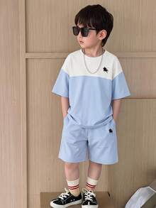 Kids Boy Casual Sporty Contrast Color Patchwork Short Sleeve Crew Neck T-Shirt And Shorts Set,White,Summer,Career Day,Back-To-School Tracksuit,Y2K Set - Multicolor - View 1
