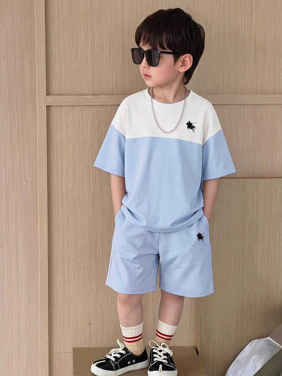 Kids Boy Casual Sporty Contrast Color Patchwork Short Sleeve Crew Neck T-Shirt And Shorts Set,White,Summer,Career Day,Back-To-School Tracksuit,Y2K Set - Multicolor - View 1