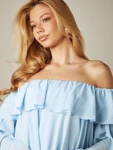 MISSGUIDED Đầm ngắn trễ vai bằng vải chiffon màu xanh nhạt với tay chuông và các lớp xếp tầng bồng bềnh, thích hợp cho mùa xuân hè. - Màu xanh nhạt - Xem 5