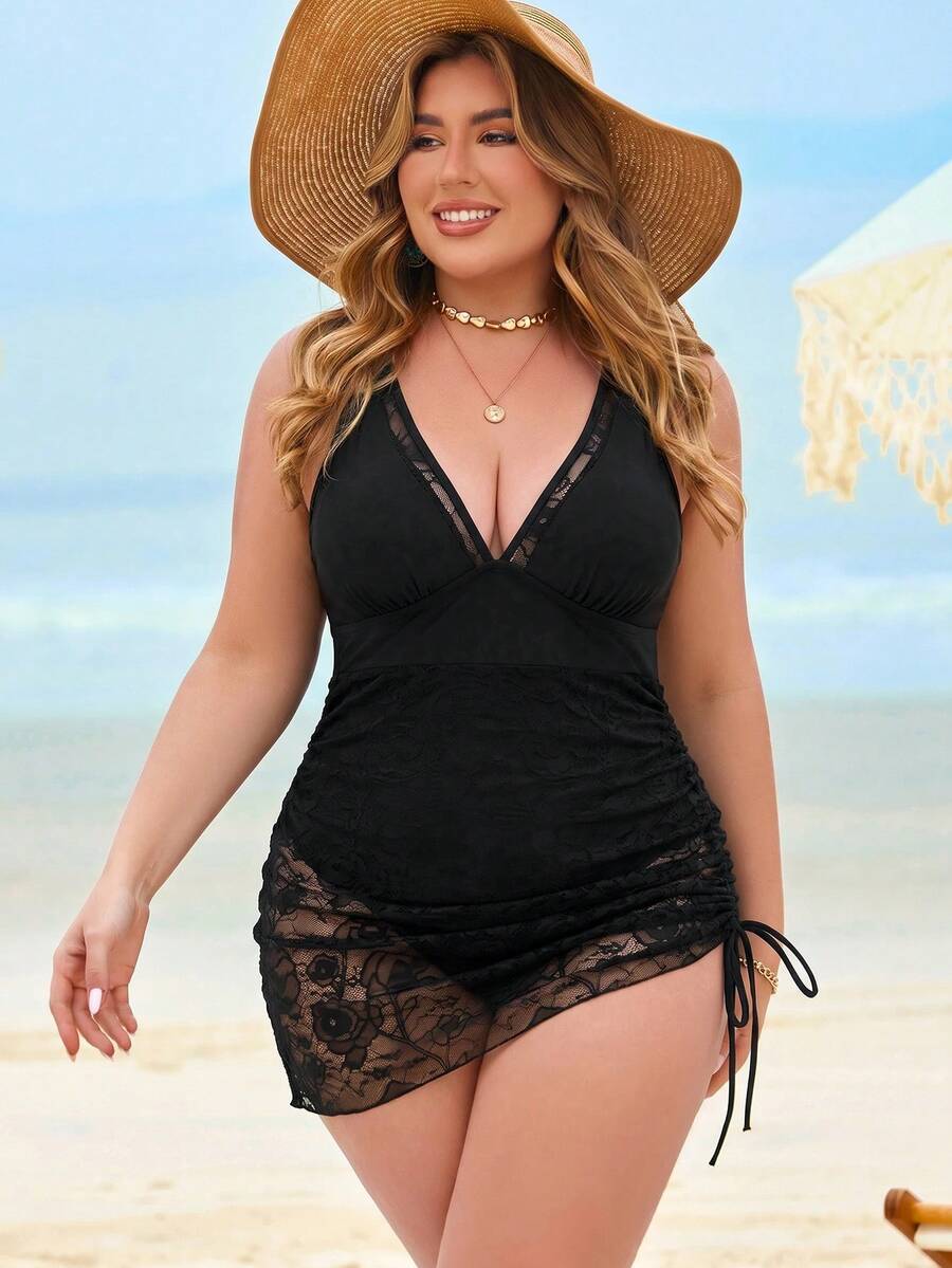 Swim Lushoire Plus Size Adjustable Black Mesh Patchwork Jumpsuit Dress - Black - View 1