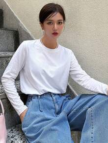 DAZY 女款白色圓領長袖純棉休閒寬鬆版型內搭T恤，舒適百搭日常穿著夏季 - 白色 - 查看 5