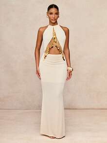 Lumalex Women's Elegant Beige Summer Sequin Tassel Decor Backless Bodycon Maxi Dress,Halter Hollow-Out Mermaid Hem Pearl Dress For Party Night Birthday Party - Apricot - View 8