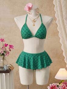 Women's 2-Piece Swimsuit Set: Polka Dot Print Spaghetti Strap Top And Contrasting Ruffle Bikini Bottom - Green - View 7