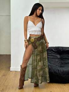 SHEIN PETITE 女士春夏街头风性感复古西部风波西米亚风花卉图案舒适透气网眼军绿色开衩荷叶边多层半身裙 - 綠色 - 查看 1