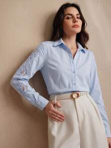 Anewsta Elegant Lace Embroidery Patchwork Blue Blouse Shirt, Loose Casual Design, Suitable For Spring - Blue - View 2