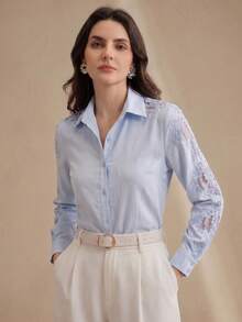 Anewsta Elegant Lace Embroidery Patchwork Blue Blouse Shirt, Loose Casual Design, Suitable For Spring - Blue - View 4