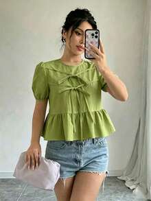 Elenzga 女士夏季纯色圆领泡泡袖蝴蝶结系带荷叶边上衣 - 綠色 - 查看 4
