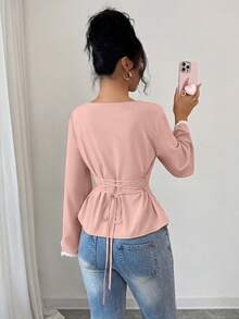 Elenzga 1 buah Blus Wanita Musim Semi/Panas Motif Hati Bergelombang dengan Hiasan Tenun dan Pinggang Berkerut - Redwood - View 2